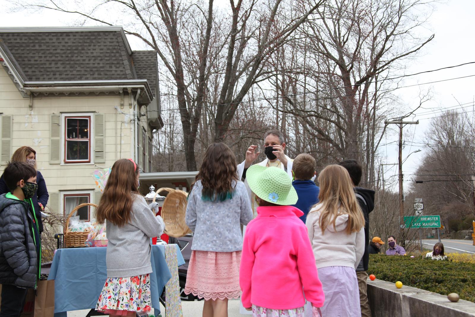 Children gathered outside the church on Easter morning